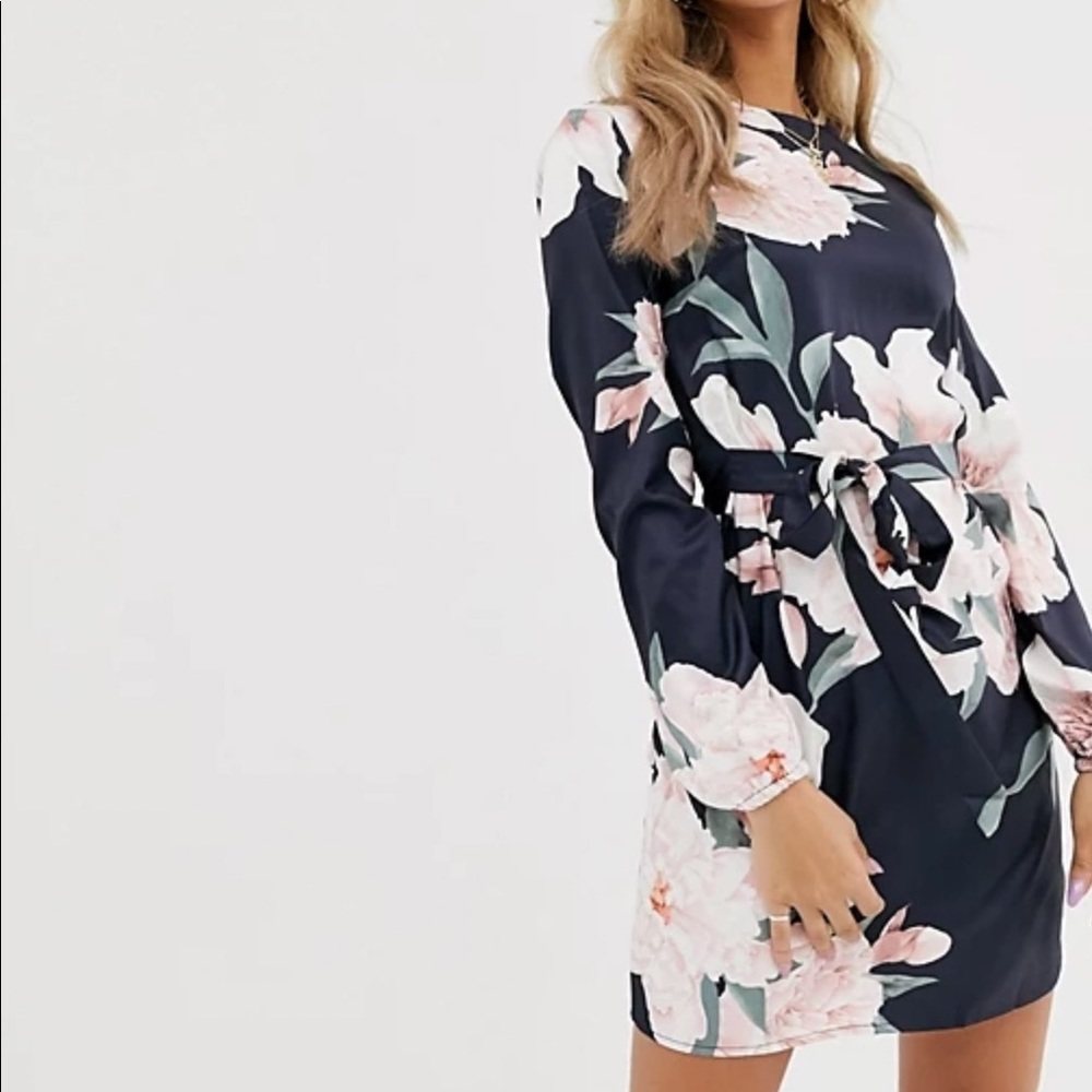 Navy Floral Long Sleeve Minidress with belt.
